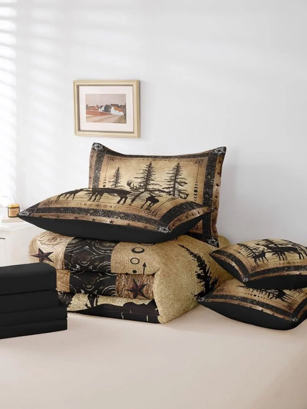 Rustic Deer Comforter Set 7 Piece Farmhouse Cabin Bed in A Bag King Western Wood